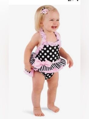 Mud pie pink Ruffle balck and white polka dit Bubble Romper 9-12 M